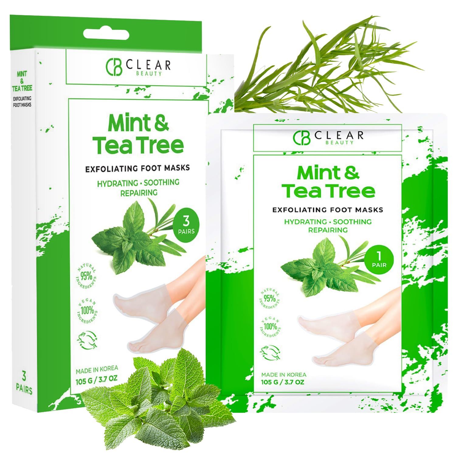 Clear Beauty Mint &amp; Tea Tree Foot Masks Moisturizing Socks - Exfoliating, Hydrating &amp; Revives Cracked Feet - Dermatologist Tested, Clean Beauty &amp; Cruelty-Free Skincare - 3 Pairs