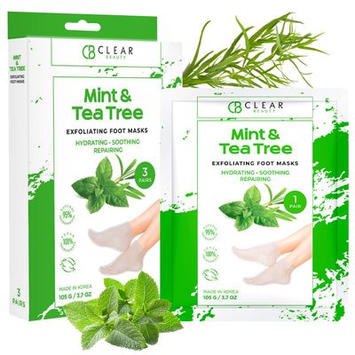 Clear Beauty Mint &amp; Tea Tree Foot Masks Moisturizing Socks - Exfoliating, Hydrating &amp; Revives Cracked Feet - Dermatologist Tested, Clean Beauty &amp; Cruelty-Free Skincare - 3 Pairs