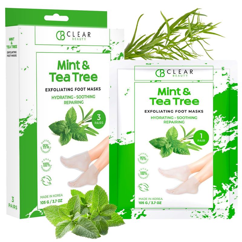 Clear Beauty Mint &amp; Tea Tree Foot Masks Moisturizing Socks - Exfoliating, Hydrating &amp; Revives Cracked Feet - Dermatologist Tested, Clean Beauty &amp; Cruelty-Free Skincare - 3 Pairs
