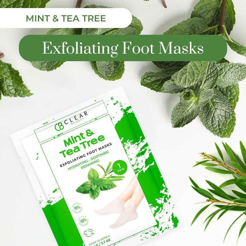 Clear Beauty Mint &amp; Tea Tree Foot Masks Moisturizing Socks - Exfoliating, Hydrating &amp; Revives Cracked Feet - Dermatologist Tested, Clean Beauty &amp; Cruelty-Free Skincare - 3 Pairs