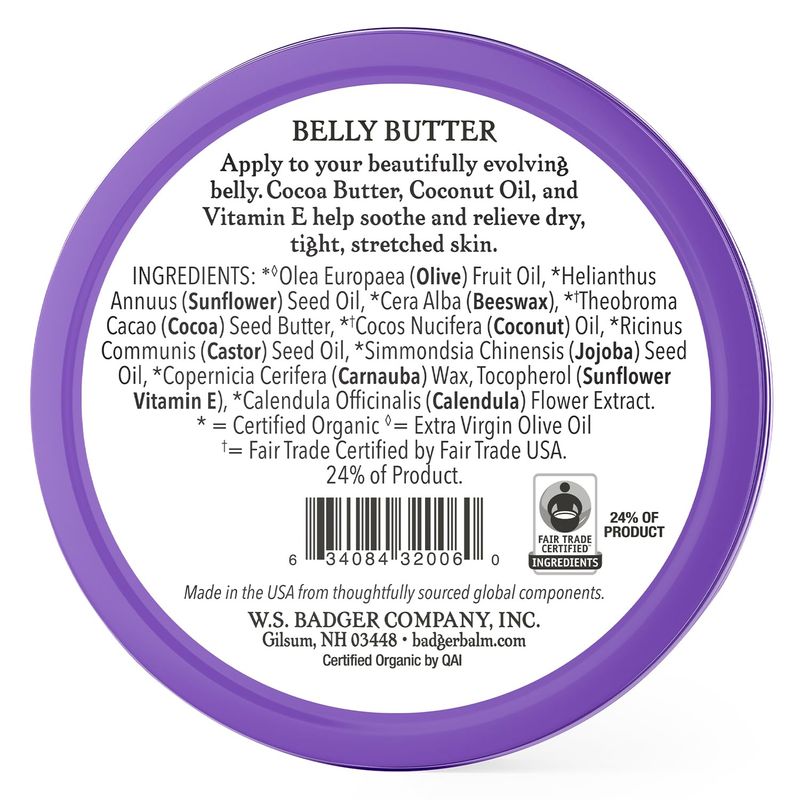 Badger - Belly Butter, Cocoa Butter &amp; Calendula, Certified Organic Belly Butter, Vitamin E Belly Butter, Coconut Oil Belly Butter, Pregnant Belly Butter for Stretched Skin, 2 oz