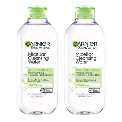 Garnier Micellar Water for Oily Skin, Facial Cleanser &amp; Makeup Remover, Mattifying, For All Skin Types, Vegan, Cruelty Free, 13.5 Fl Oz (400mL), 2 Count