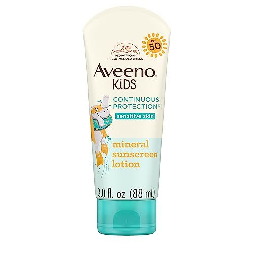 Aveeno Kids Continuous Protection Zinc Oxide Mineral Sunscreen Lotion for Children&#39;s Sensitive Skin with Broad Spectrum SPF 50, Tear-Free, Sweat- &amp; Water-Resistant, Non-Greasy, 3 fl. oz