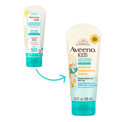 Aveeno Kids Continuous Protection Zinc Oxide Mineral Sunscreen Lotion for Children's Sensitive Skin with Broad Spectrum SPF 50, Tear-Free, Sweat- &amp; Water-Resistant, Non-Greasy, 3 fl. oz