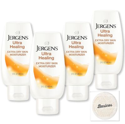 BASICOS 4Pack Jergens Ultra Healing Lotion Travel Size Bulk Pack, 3oz Each - Moisturizer for Dry Skin - Convenient On-the-Go Body Cream - Dermatologist Tested -Bonus Exfoliating Facial Sponge