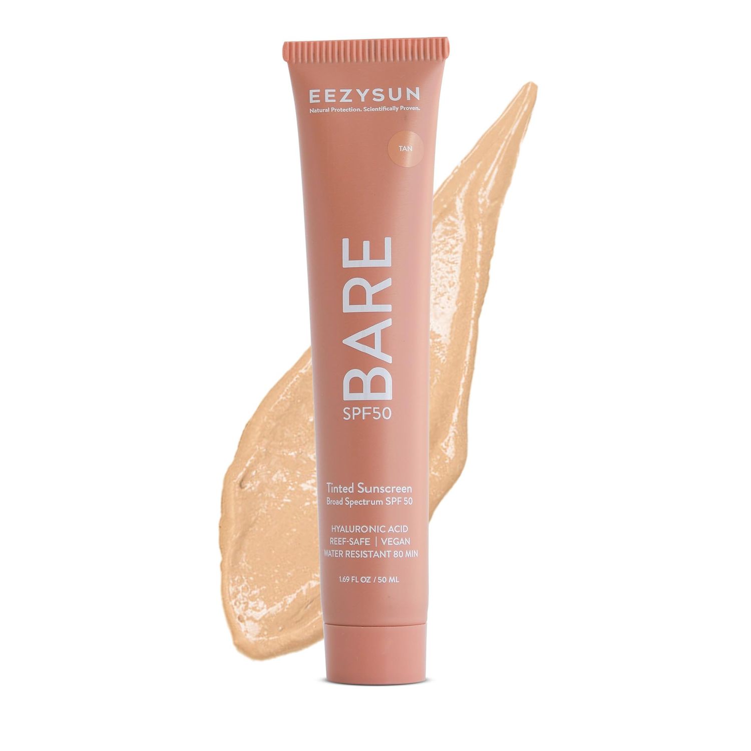 EEZYSUN BARE Tinted Sunscreen SPF 50 - Non-Greasy, Water-Resistant, Vegan &amp; Reef-Safe with Hyaluronic Acid &amp; Jojoba Oil - 1.69 fl oz - Tan