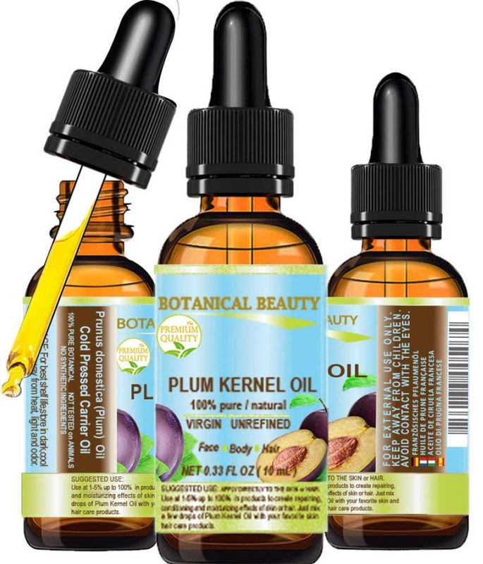 Botanical Beauty French PLUM KERNEL OIL 100% Pure Natural Virgin Unrefined Cold Pressed Carrier Oil 0.33 oz- 10 ml for Face, Skin, Hair, Lips, Nails. Skin SuperFood. Face moisturizer Oil
