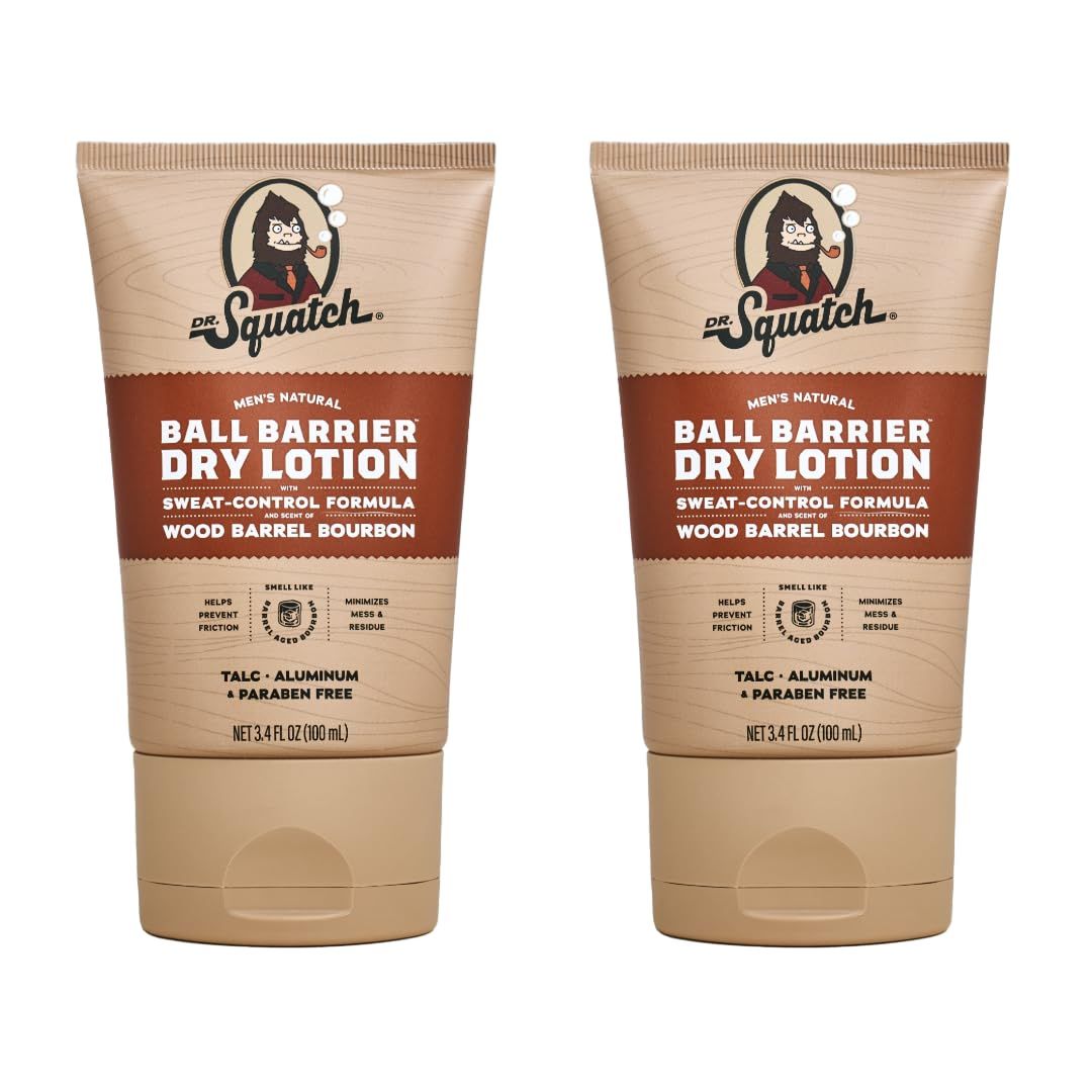 Dr. Squatch Ball Barrier Dry Lotion, No Mess Body Powder Lotion for Men, Made With Natural Ingredients - 2-Pack Wood Barrel Bourbon