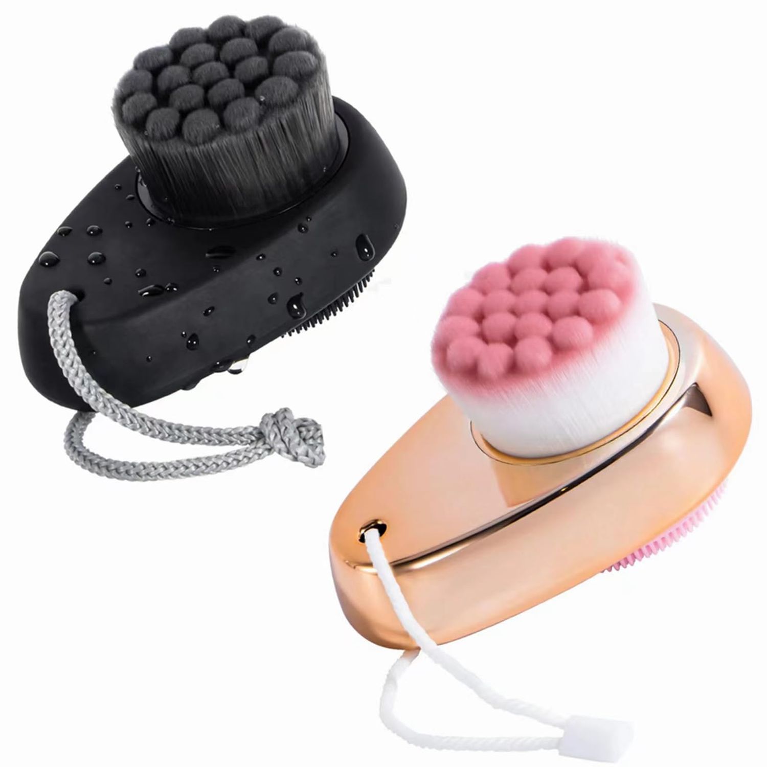 2 PCS Facial Cleansing Brush 2 in 1 for Face Exfoliation, Dual Sided Silicone Face Scrubber Soft Microfiber Face Scrub Brush for Pore Deep Cleansing &amp; Skincare with Lid (Random Gold/Black Gold