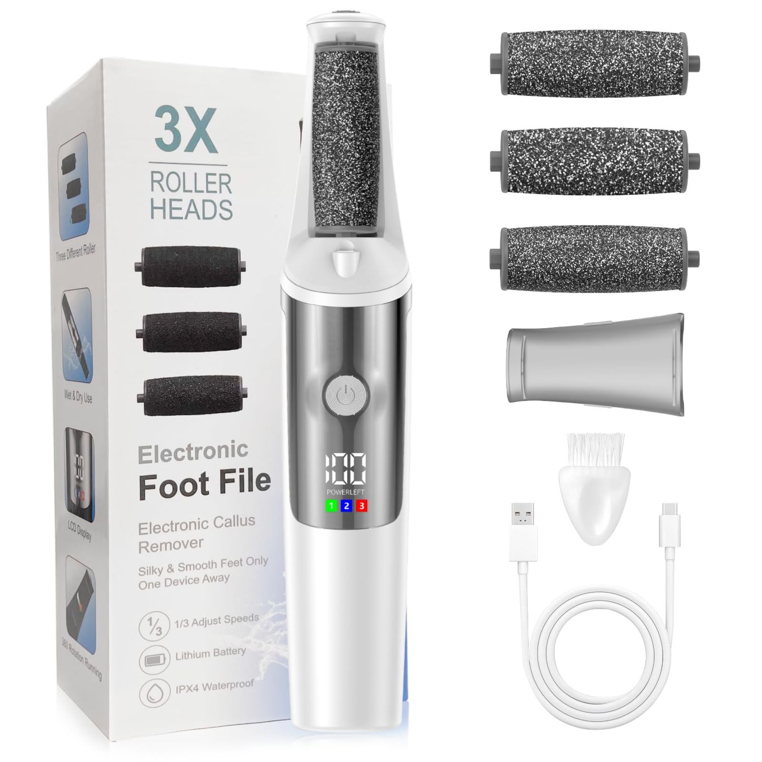 Electric Foot Callus Remover, Rechargeable Electronic Foot File Foot Scrubber Pedicure Kits, Professional Pedicure Tools Smooth Pedicure Wand, Foot Care for Dead Skin Ideal Gift, 3 Rollers,3 Speeds