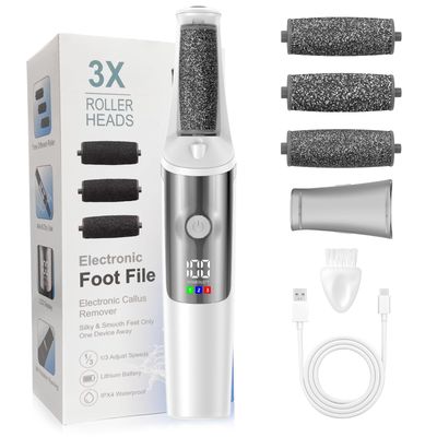 Electric Foot Callus Remover, Rechargeable Electronic Foot File Foot Scrubber Pedicure Kits, Professional Pedicure Tools Smooth Pedicure Wand, Foot Care for Dead Skin Ideal Gift, 3 Rollers,3 Speeds
