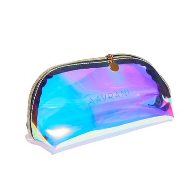 AAVRANI Holographic Clear Bag - Perfect Travel Bag for Cosmetics, Makeup, Toiletries, Skincare, and Skincare Tools, Water Resistant, Central-Zip Compartment, Wide Opening