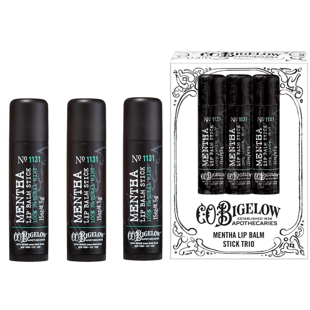 C.O. Bigelow Mentha Lip Balm Stick Trio, Moisturizing Lip Balm with Shea Butter and Natural Peppermint Oil, 3 Pack, 0.15 oz / 4.5g Each