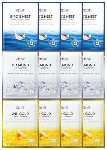 [K Beauty Snp] Variety Ampoule Sheet Mask Set | Bird&#39;s Nest, 24K Gold, and Diamond Face Mask | Hydrating, Moisturizing, Nourishing for Sensitive Facial Skin | Korean Face Masks Skincare | 12 Sheets