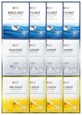[K Beauty Snp] Variety Ampoule Sheet Mask Set | Bird&#39;s Nest, 24K Gold, and Diamond Face Mask | Hydrating, Moisturizing, Nourishing for Sensitive Facial Skin | Korean Face Masks Skincare | 12 Sheets