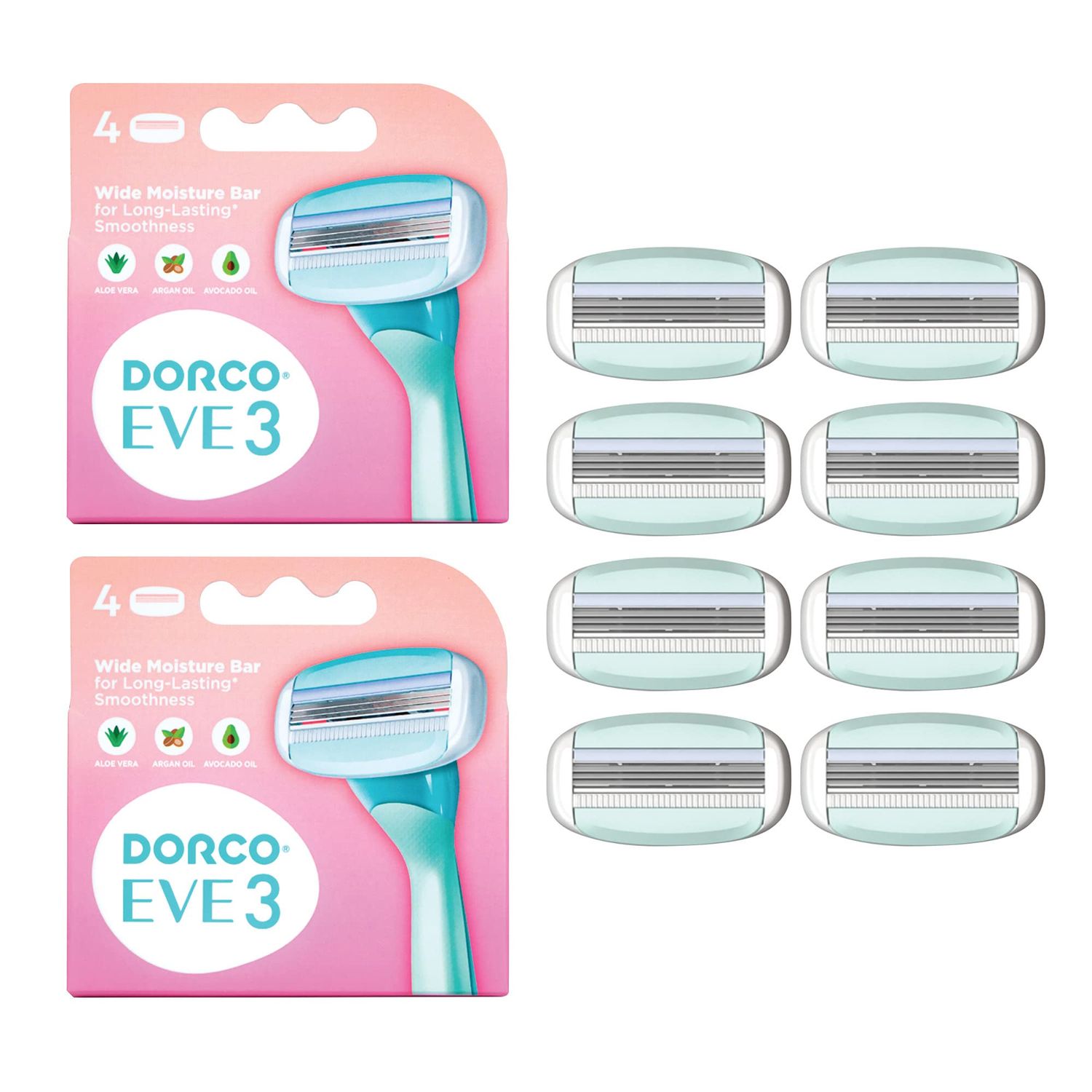 EVE 3 Razors for Quick &amp; Easy Shaving (No Handle, 8 Pcs Razor Blade Refills), 3 Curved Blades, Razors for Shaving with Aloe Vera Moisture Bar, Interchangeable Cartridge for Sensitive Skin