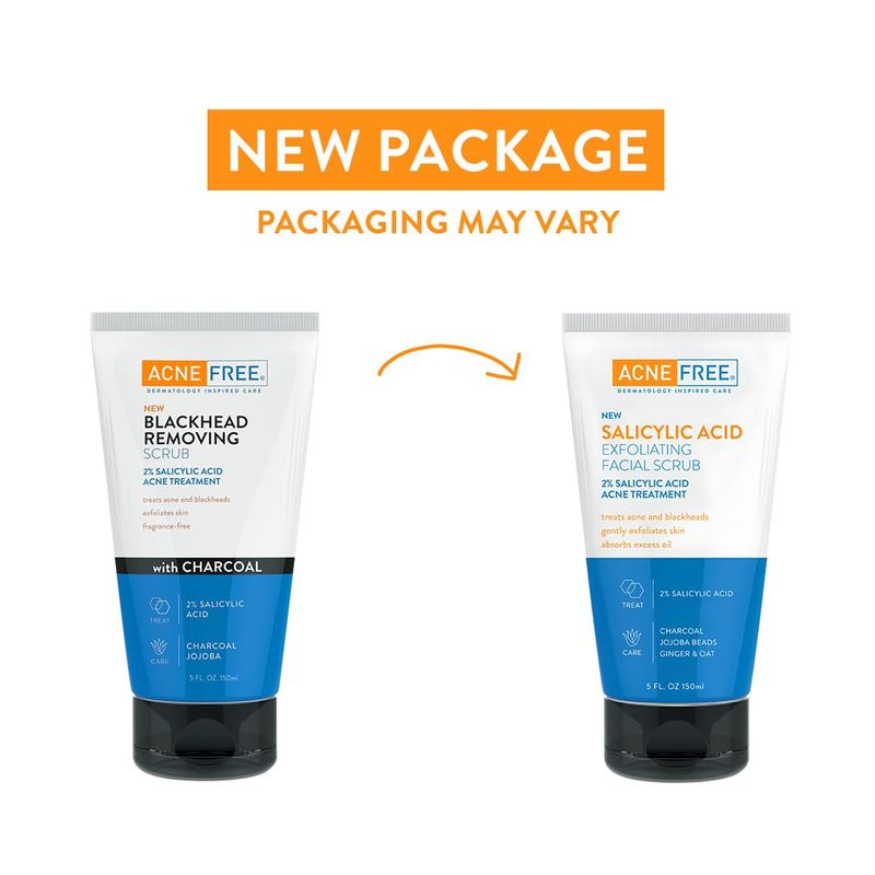 Acne Free Salicylic Acid Exfoliating Face Scrub, 2% BHA Blackhead Remover &amp; Acne Treatment, Deep Cleanse with Charcoal &amp; Jojoba Beads, Gentle Exfoliation with Ginger &amp; Oats, 5 Ounce