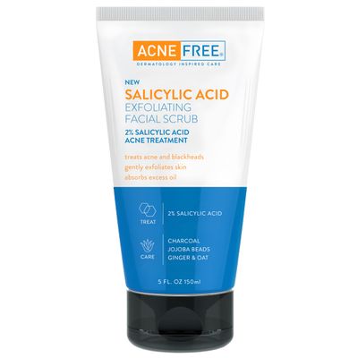 Acne Free Salicylic Acid Exfoliating Face Scrub, 2% BHA Blackhead Remover &amp; Acne Treatment, Deep Cleanse with Charcoal &amp; Jojoba Beads, Gentle Exfoliation with Ginger &amp; Oats, 5 Ounce