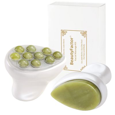 BEAUTYFACTOR Jade Roller &amp; Gua Sha Facial Tools Face Roller for Skin Care,Facial Roller Gua Sha Tool for Puffiness and Redness Reducing Skin Care Routine