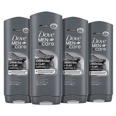 DOVE MEN + CARE Elements Body Wash Charcoal + Clay 4 Count For Men&#39;s Skin Care Effectively Washes Away Bacteria While Nourishing Your Skin, 18 oz