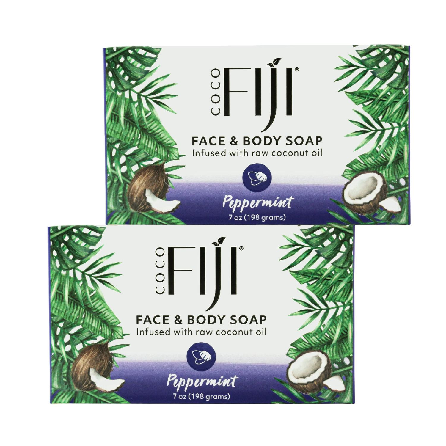 Coco Fiji Soap Bar for Face and Body Infused With Organic Coconut Oil, Peppermint, Essential Oil, Natural Soap for Moisturizing &amp; Pore Purifying Skin, 7 oz,Pack of 2