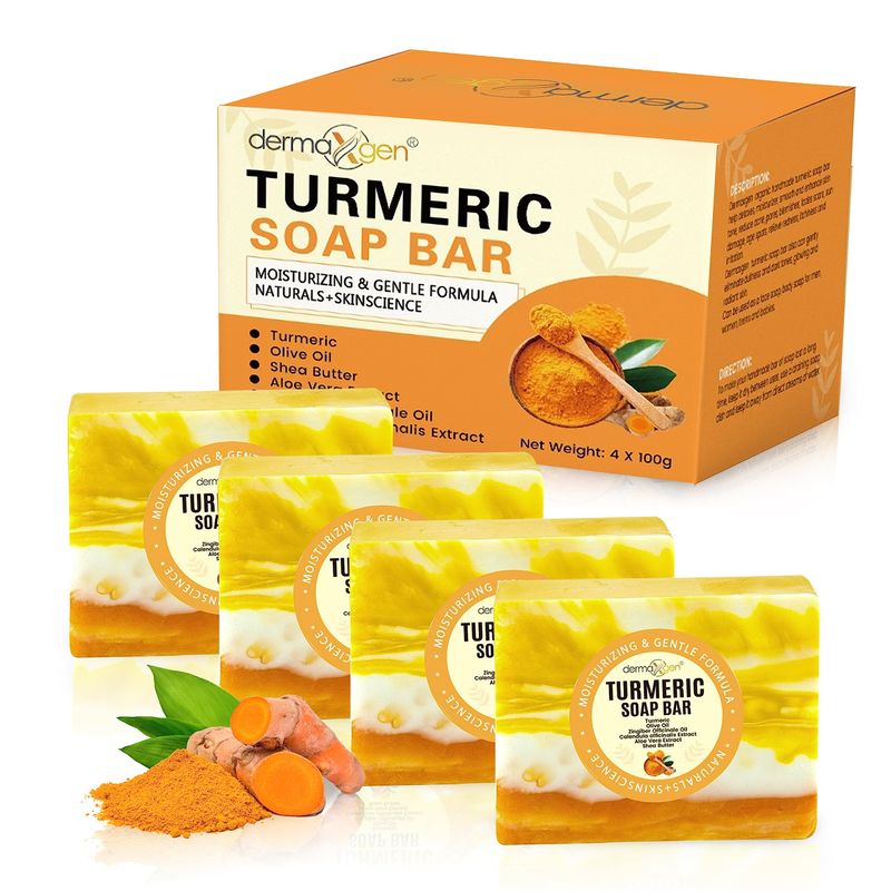 DERMAXGEN Organic Turmeric Soap Bar | Pure Natural Handcrafted Skincare, Face &amp; Body Cleanser | Blemish Control, Reduce Acne, Evens Tone, Fades Scars, Sun Damage, Age Spots (Pack of 4)