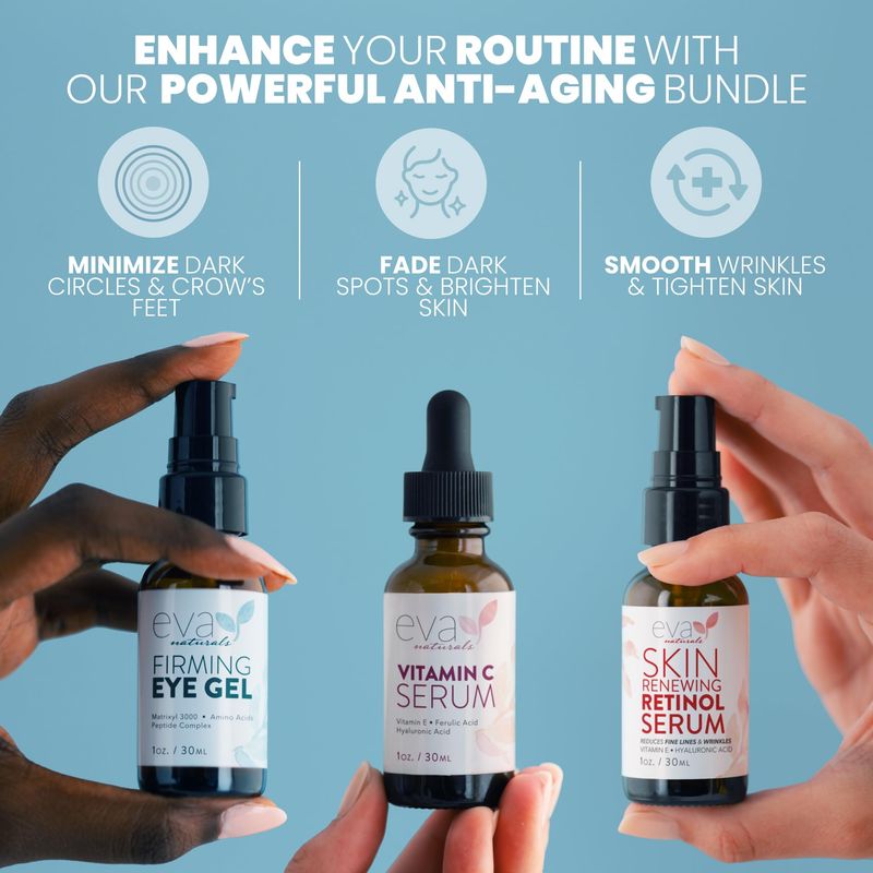 Eva Naturals Facelift in a Bottle - 3-in-1 Anti-Aging Set with Retinol Serum, Vitamin C Serum and Eye Gel - Formulated to Reduce Wrinkles, Fade Dark Spots and Treat Under-Eye Bags - Premium Quality
