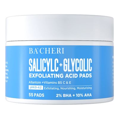 10% Glycolic Acid + 2% Salicylic Acid Peel Pads - BACHERI Resurfacing Pads For Face with Vitamins B5, C &amp; E, Allantoin - Exfoliating Facial Peel for Dark Spots, Blackhead, Acne 55 Pads