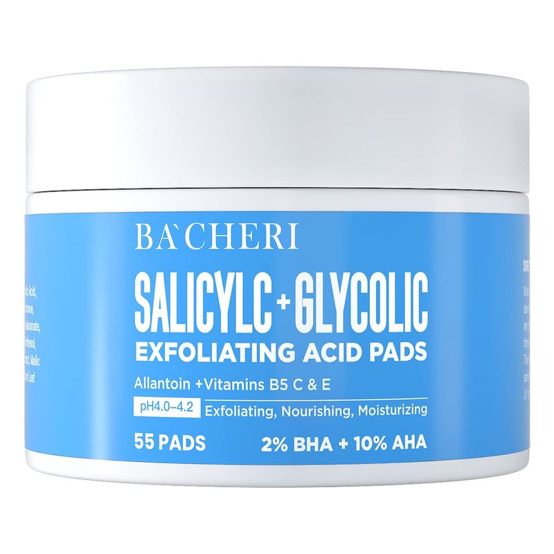 10% Glycolic Acid + 2% Salicylic Acid Peel Pads - BACHERI Resurfacing Pads For Face with Vitamins B5, C &amp; E, Allantoin - Exfoliating Facial Peel for Dark Spots, Blackhead, Acne 55 Pads