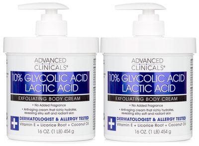Advanced Clinicals 10% Glycolic Acid + Lactic Acid Body Lotion Skin Care Cream | Keratosis Pilaris | AHA Exfoliating KP Bump Eraser Body Moisturizer For Rough &amp; Bumpy Skin | No Added Fragrance, 2pc