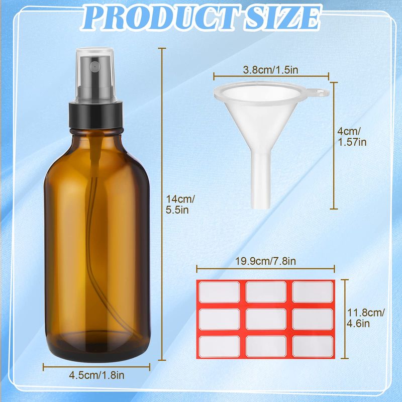 Fumete 36 Pcs Glass Spray Bottles 4oz Fine Mist Glass Spray Bottle Refillable Liquid Containers with 6 Labels 6 Funnel for Hair Travel Plants Cleaning Solutions Skin Care(Amber,Classic)