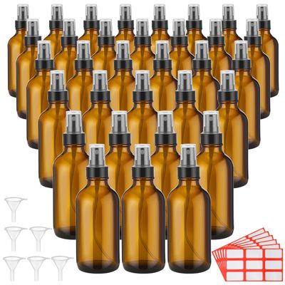 Fumete 36 Pcs Glass Spray Bottles 4oz Fine Mist Glass Spray Bottle Refillable Liquid Containers with 6 Labels 6 Funnel for Hair Travel Plants Cleaning Solutions Skin Care(Amber,Classic)