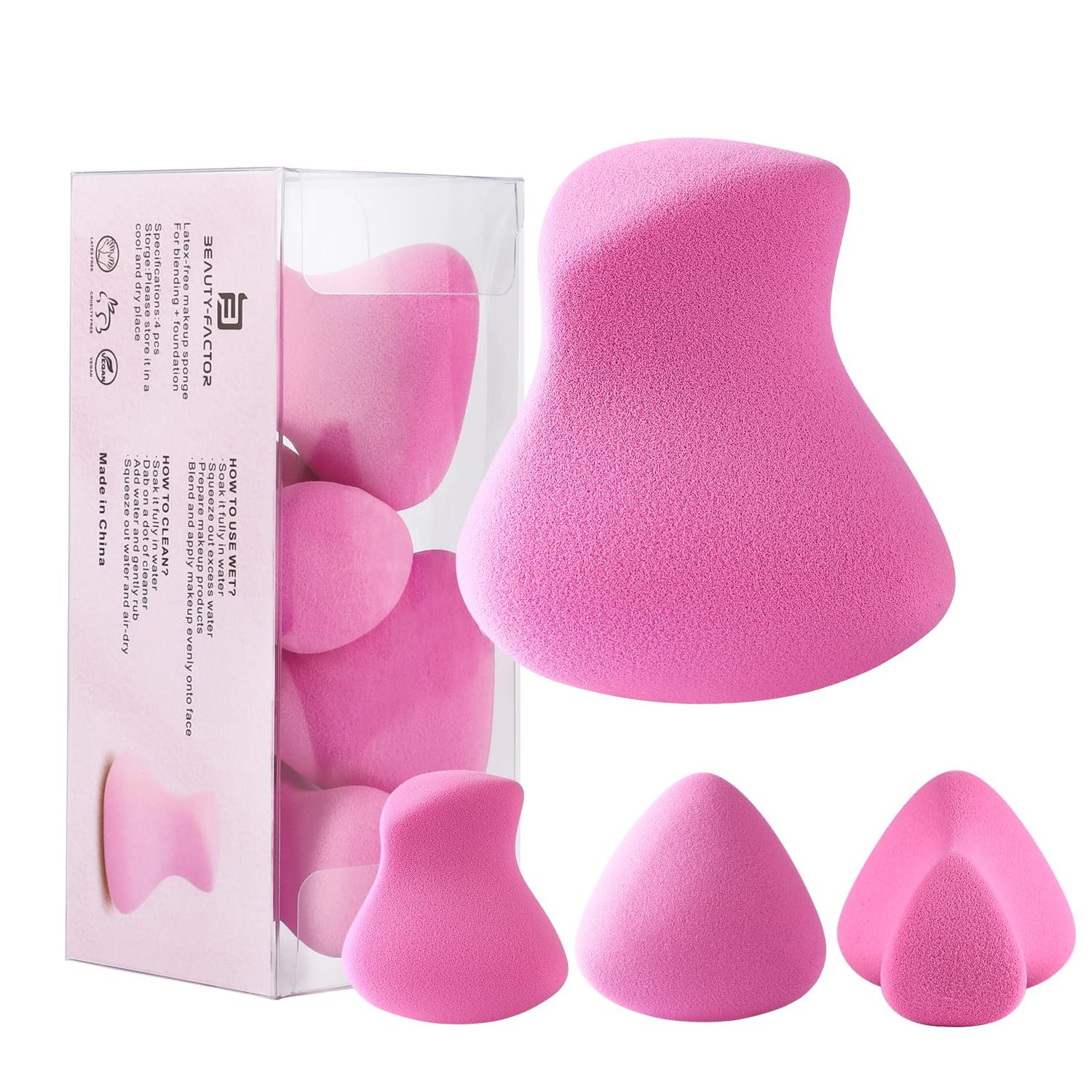 BEAUTYFACTOR Makeup Sponge Set 4 Pack,Latex-Free Beauty Sponge Blender for Liquid Cream Cosmetic,Ergonomically-shaped Makeup Sponges for Foundation (Pink)