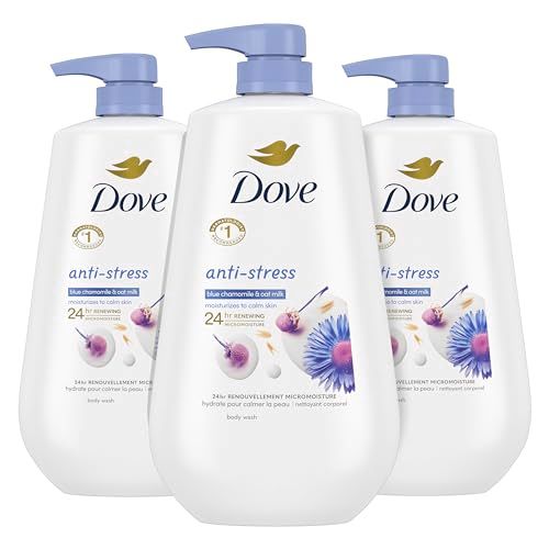 Dove Body Wash with Pump Anti-Stress Blue Chamomile &amp; Oat Milk, 3 Count for Renewed, Healthy Looking Skin, Moisturizing Gentle Skin Cleanser with 24hr Renewing MicroMoisture, 30.6 oz