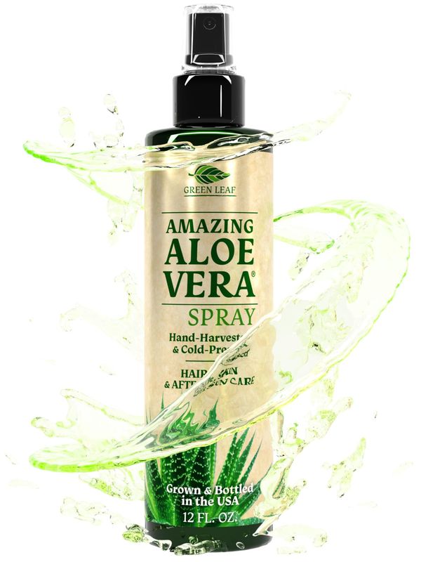 Green Leaf Aloe Vera Spray 99% Pure Cold-Pressed Aloe Vera Juice, for Hair, Skin &amp; Face Moisturizer, Fast Absorption After Sun Care, Sunburn Relief &amp; Solar Recovery Spray| 12oz |Aloevera Body Spray
