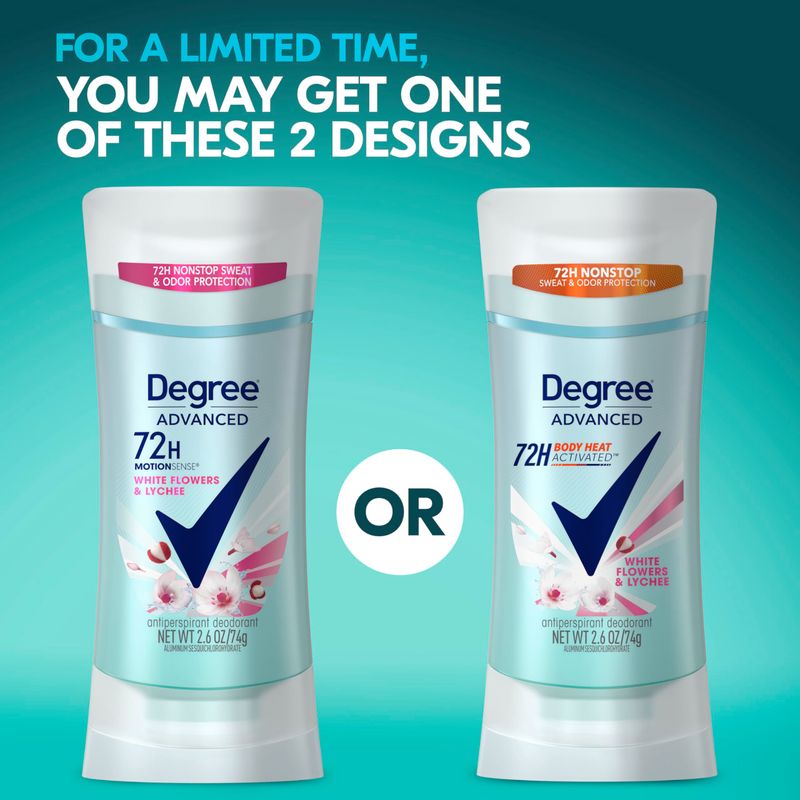 Degree Advanced Protection Antiperspirant Deodorant White Flowers &amp; Lychee for 72-Hour Sweat &amp; Odor Control for Women, with Body Heat Activated Technology, 2.6 oz