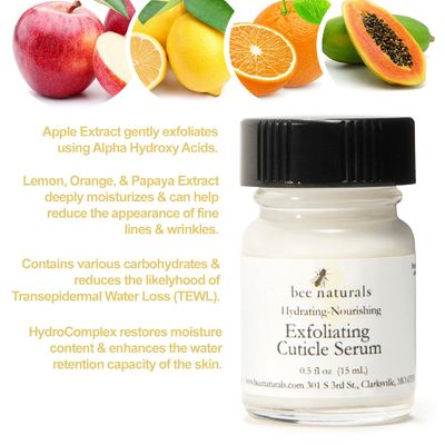 Bee Naturals Exfoliating Cuticle Serum - Renewal Advanced HydroComplex &amp; Fruit Extracts for Deep Hydration &amp; Gentle Exfoliation - Professional Grade, Cruelty-Free Nail Care