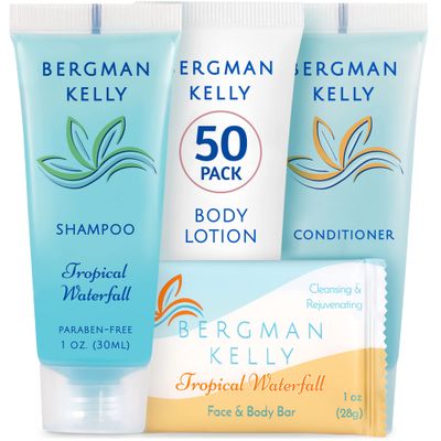 BERGMAN KELLY Hotel Toiletries Bundle (Tropical Waterfall, 1 oz each, 200 Pieces) 4-Piece Set: 50 Rectangular Bar Soap, 50 Shampoo, 50 Conditioner &amp; 50 Body Lotion - Bulk Mini Guest Amenities