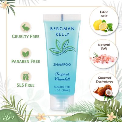BERGMAN KELLY Hotel Toiletries Bundle (Tropical Waterfall, 1 oz each, 200 Pieces) 4-Piece Set: 50 Rectangular Bar Soap, 50 Shampoo, 50 Conditioner &amp; 50 Body Lotion - Bulk Mini Guest Amenities