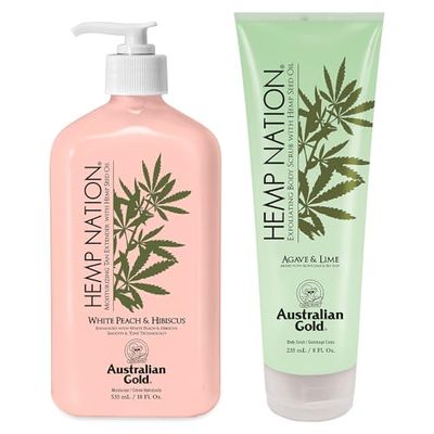 Australian Gold Hemp Nation White Peach &amp; Hibiscus Bundle - Tan Extender Lotion (18 Fl Oz) and Agave &amp; Lime Body Scrub (8 Fl Oz), Moisturizing Body Lotion and Body Exfoliating Scrub, Pure Hemp Oil