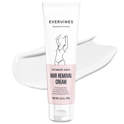 Evervines Hair Removal Cream for Women - Gentle Depilatory for Sensitive Skin - Bikini Line Legs Underarms &amp; Face with Scraper (4.2oz)