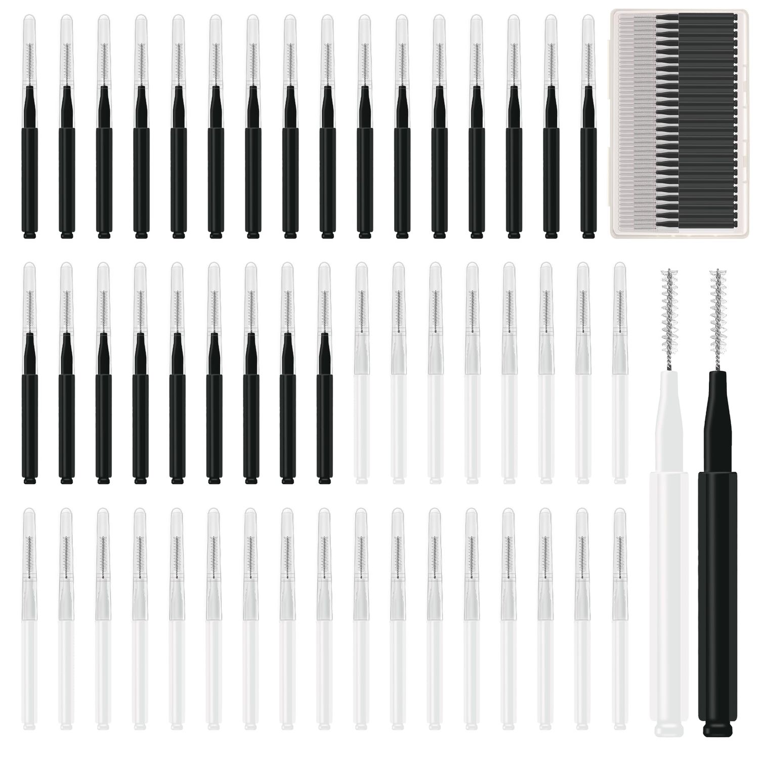 50pcs Brow Lamination Brush Micro Eyebrow Brush with Cap Micro Spoolies for Brow Lamination Portable Mini Spoolies for Eyebrows Extensions Tool, 2 Colors(25 Black+25 White)