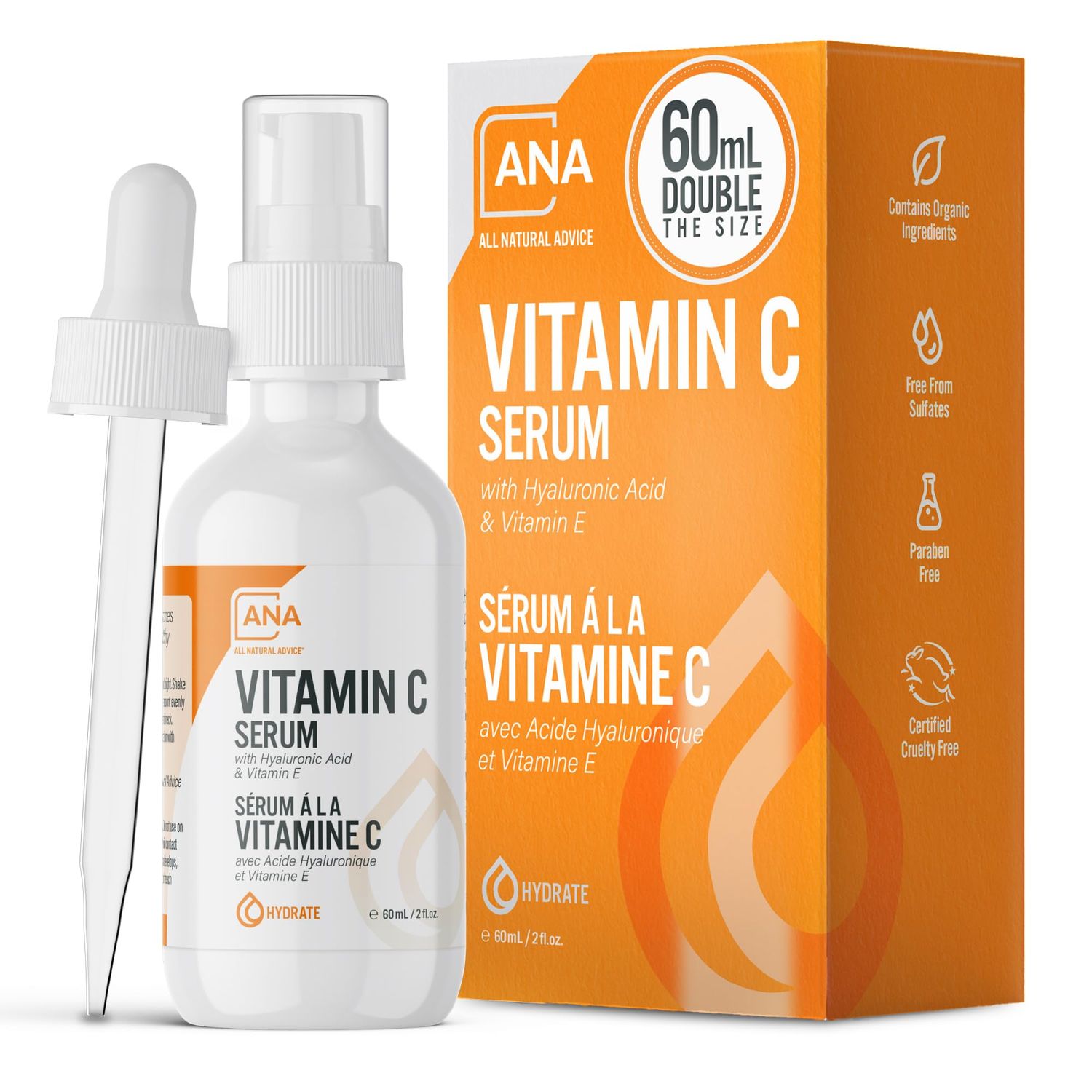 All Natural Advice Vitamin C Serum 60mL | 20% Vitamin C Face Serum Solution with Organic Botanicals, Hyaluronic Acid &amp; Vitamin E | UV-Shielding Glass Bottle, Spray &amp; Dropper | Canadian Skin Care