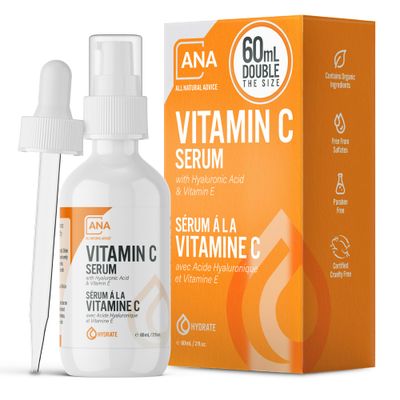 All Natural Advice Vitamin C Serum 60mL | 20% Vitamin C Face Serum Solution with Organic Botanicals, Hyaluronic Acid &amp; Vitamin E | UV-Shielding Glass Bottle, Spray &amp; Dropper | Canadian Skin Care
