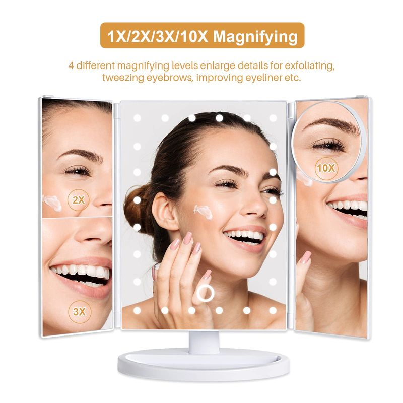 bemelux Tri-fold Vanity Mirror Light with 10x Magnetic Small Lens, 1X/2X/3X Magnification, Touch Control, Foldable, Dual Power Supply, Detachable LED Vanity Mirror, Travel Portable, Gift for Women