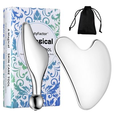BEAUTYFACTOR Stainless Steel Gua Sha Facial Tools Guasha for Face Metal Gua Sha Tighten Skin Massage,Guasha Beauty Tool Manual Massage Sticks for Jawline Sculpting,Puffiness Reducing and Body Massager