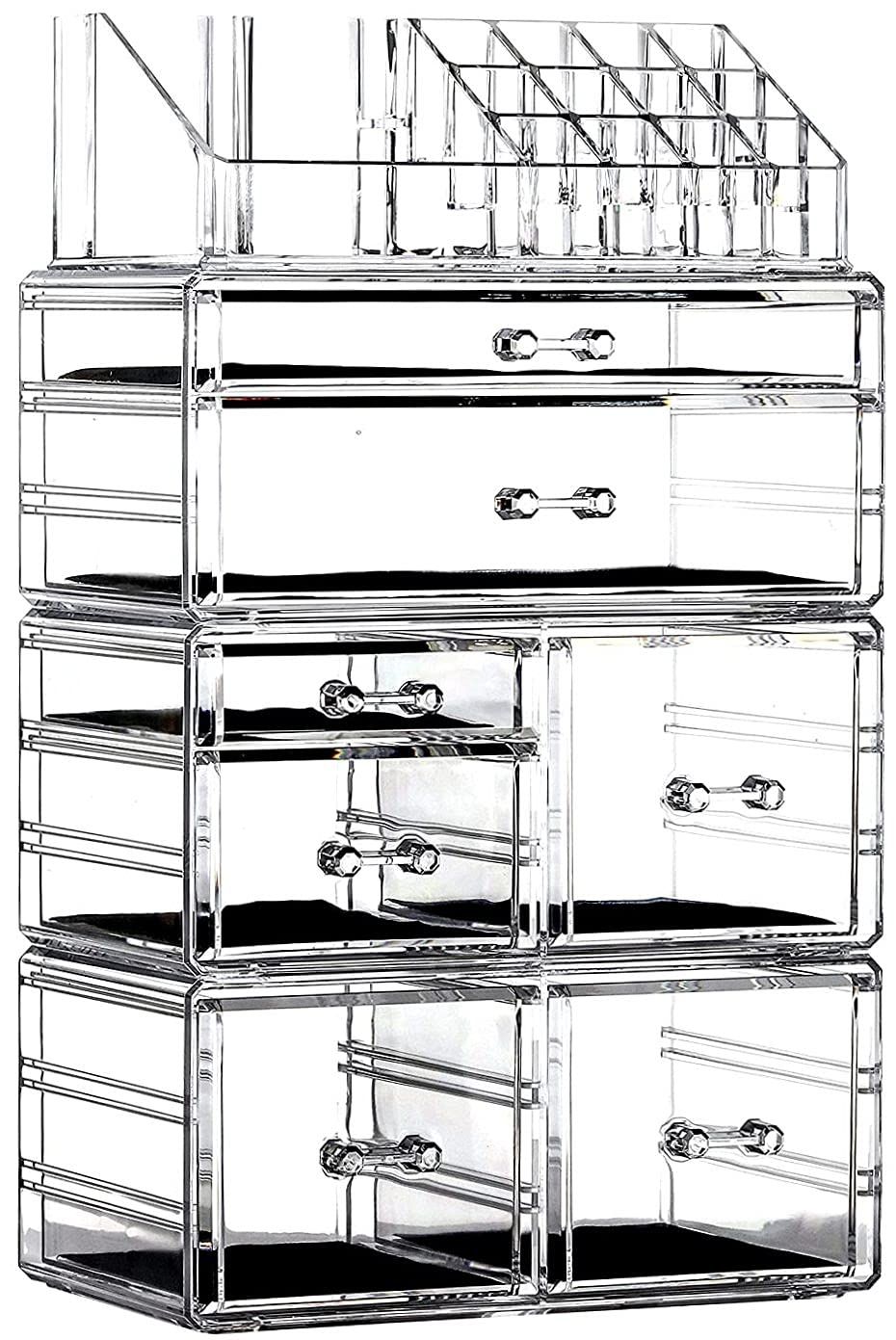 Cq acrylic 4 Pack Clear Make Up Organizers for Vanity,Stackable 7 Drawers Make Up Organizer,Cute Desk Organizer for Vanity Jewelry,Hair Clip,Beauty,Skincare Product Dresser Acrylic Drawer Organizer