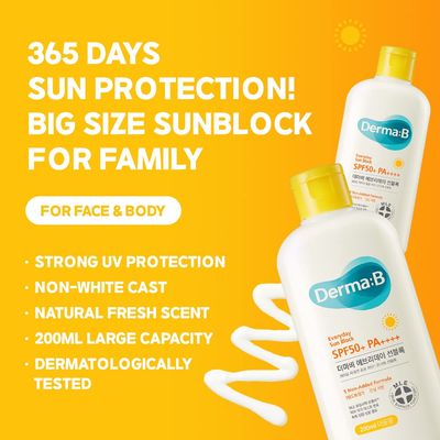 Derma B Everyday Sun Block Large Size Sunscreen SPF50+ PA++++ 6.71 Fl Oz, 200ml Fast-Absorbing Lightweight SPF Moisturizer, Facial Body Non-Sticky for Dewy Skin, Korean Protection Lotion