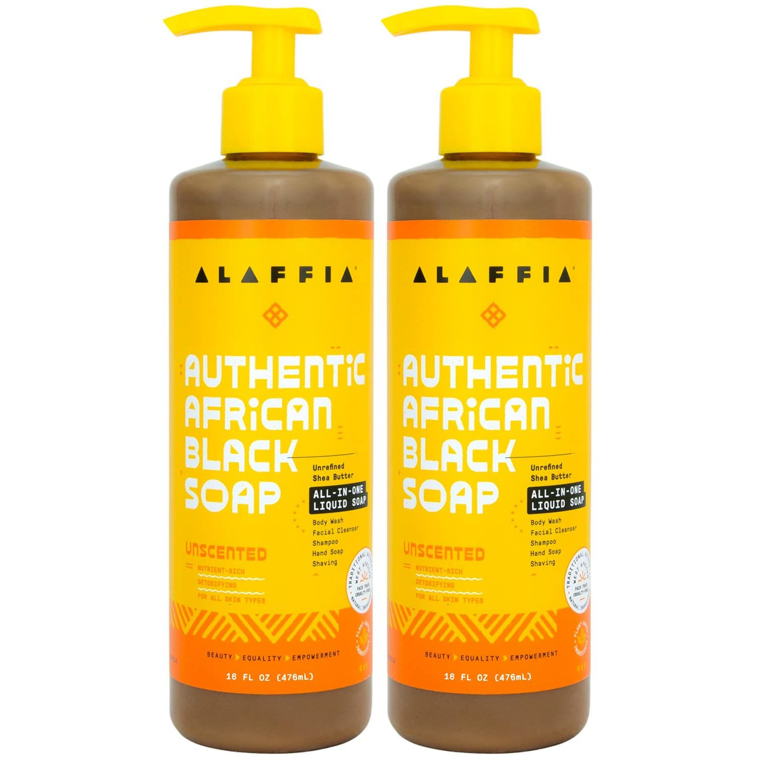 Alaffia Skin Care, Authentic African Black Soap, All in One Body Wash, Face Wash, Shampoo &amp; Shaving Soap with Fair Trade Shea Butter, Unscented, (2 Pack - 16 Fl Oz Ea)