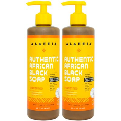 Alaffia Skin Care, Authentic African Black Soap, All in One Body Wash, Face Wash, Shampoo &amp; Shaving Soap with Fair Trade Shea Butter, Unscented, (2 Pack - 16 Fl Oz Ea)